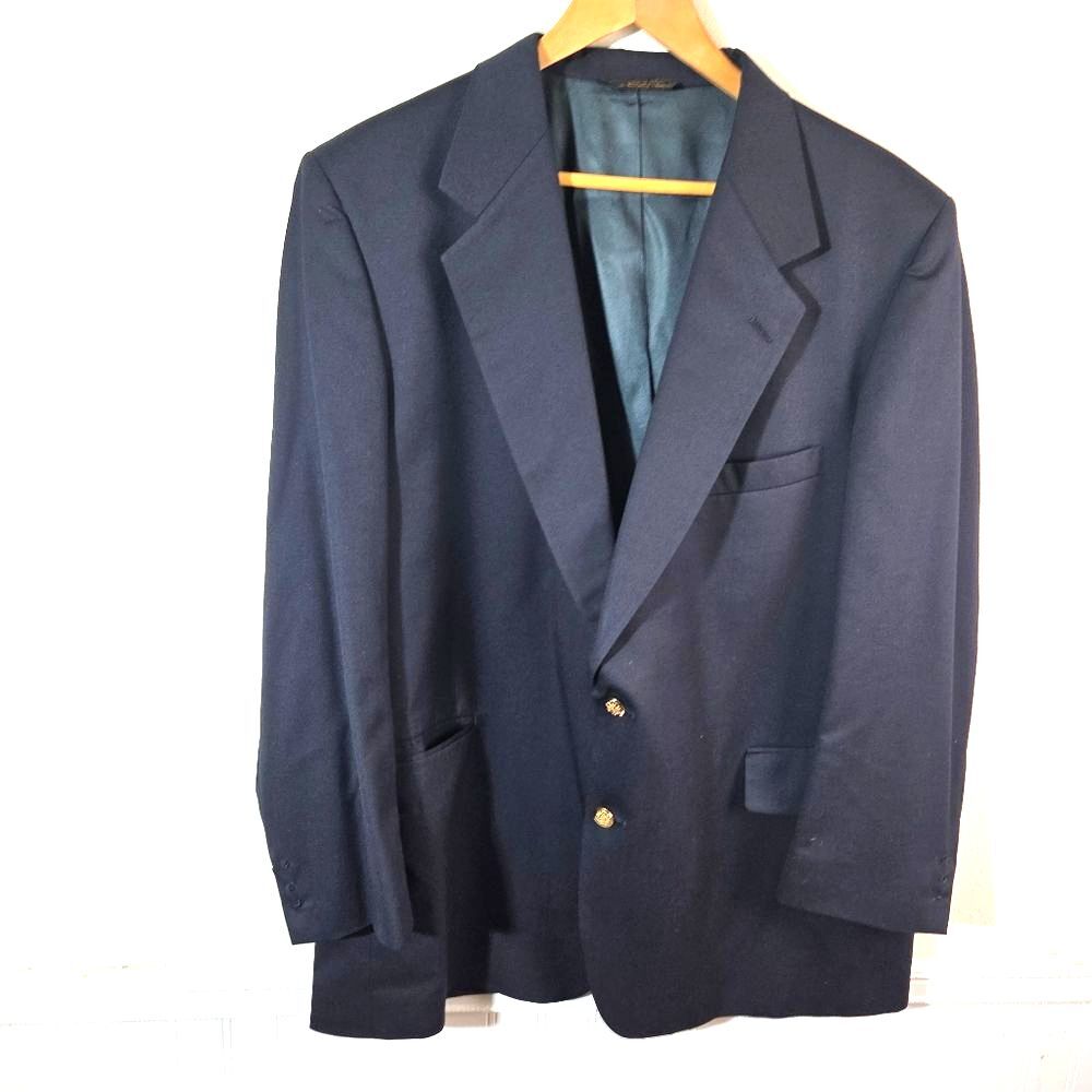 Botany 500 Mens Blazer Jacket 46R Navy Blue Vintage Made USA Sport Coat Gold